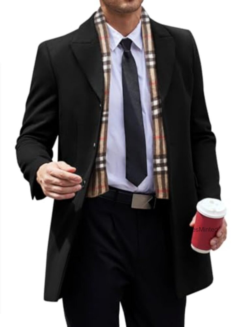 Men's Wool Blend Pea Coat with Detachable Plaid Scarf Single Breasted Overcoat